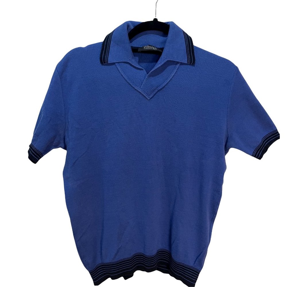 Versace Men's Short Sleeve Blue Sweater Size S